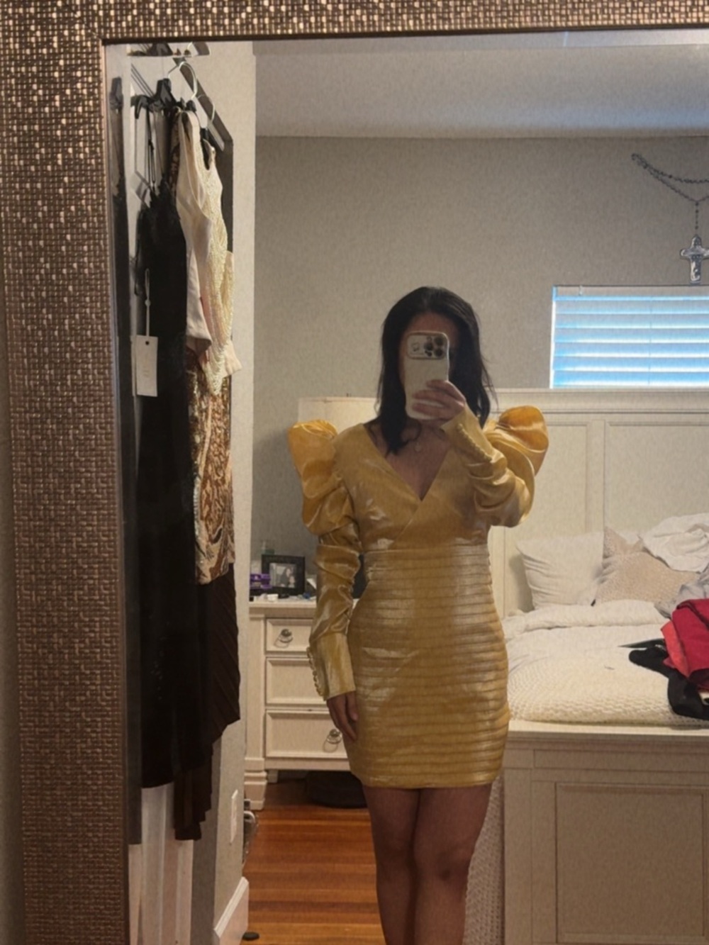 Yellow Puff-Sleeve V-Neck Bodycon Dress